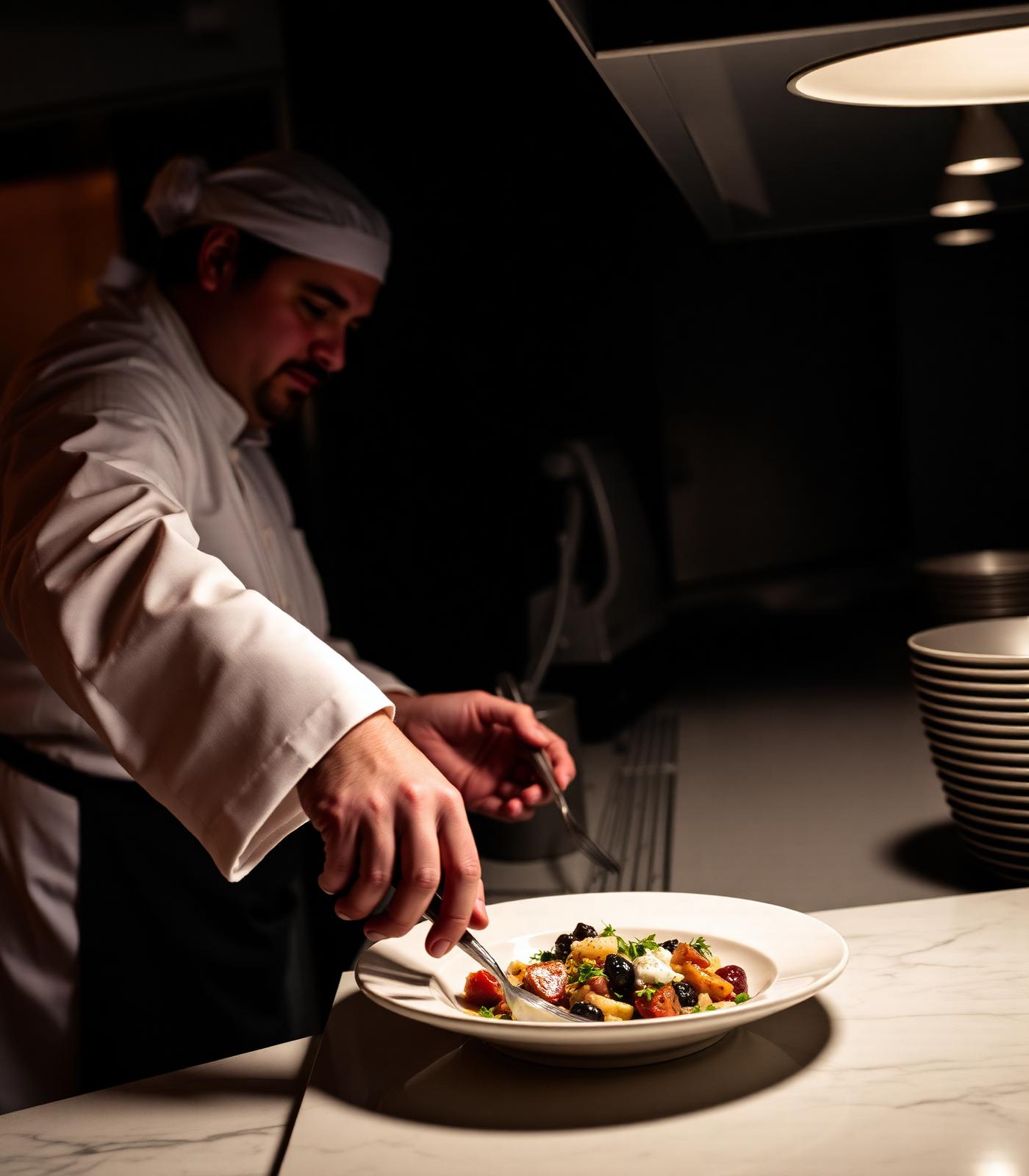 Chef plating a Mediterranean dish