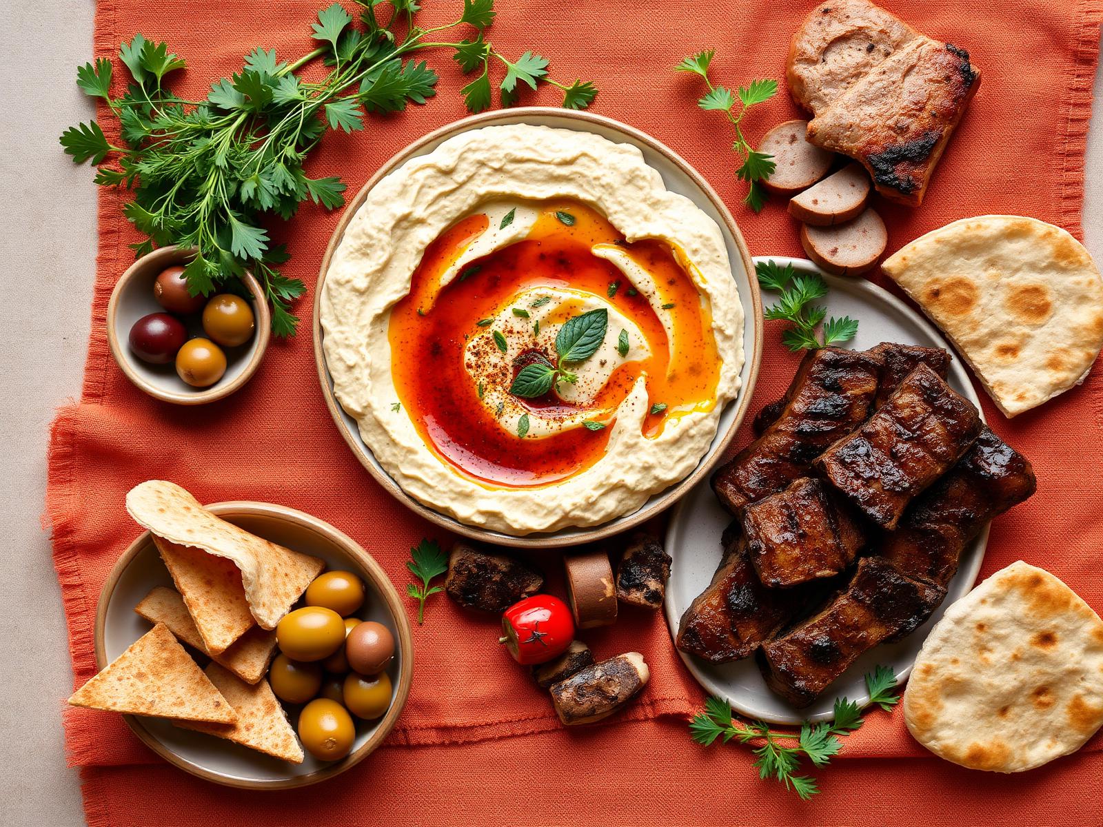 Mezze spread of hummus, grilled meats and pita